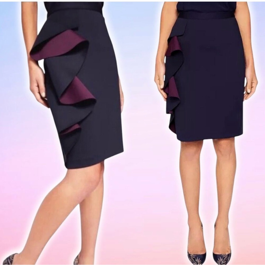 Ted Baker Derosa Ruffle Pencil Skirt Sz 6 Navy